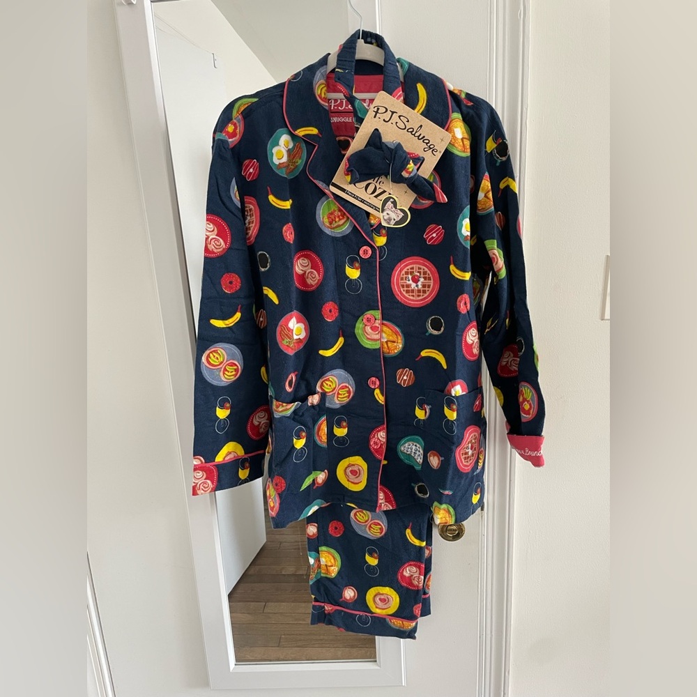 NWT P.J. Salvage Blue Pajama 3-Piece Set with Breakfast Print